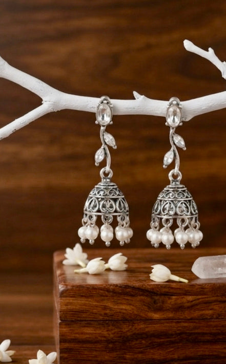 Oxidized Silver Floral Leaf Pearl Jhumka