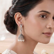 Oxidized Silver Floral Leaf Pearl Jhumka