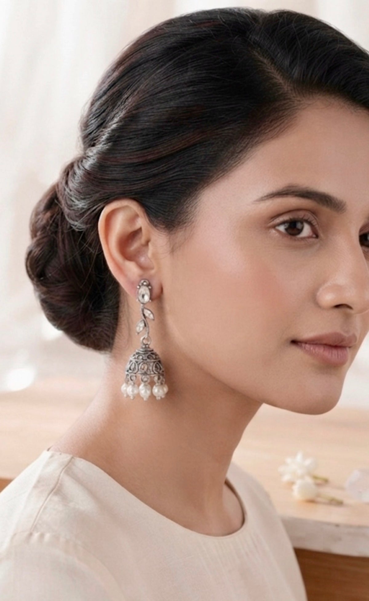 Oxidized Silver Floral Leaf Pearl Jhumka
