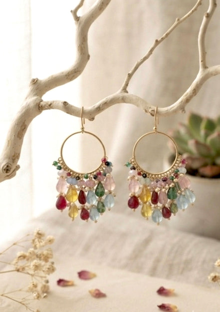 Multicolor Gemstone Beaded Fringe Hoop