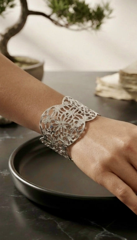 Ornate Floral Filigree Wide Cuff Bracelet