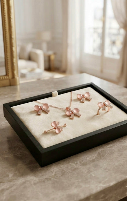 Korean Pink Cat-Eye Bow Jewelry Set