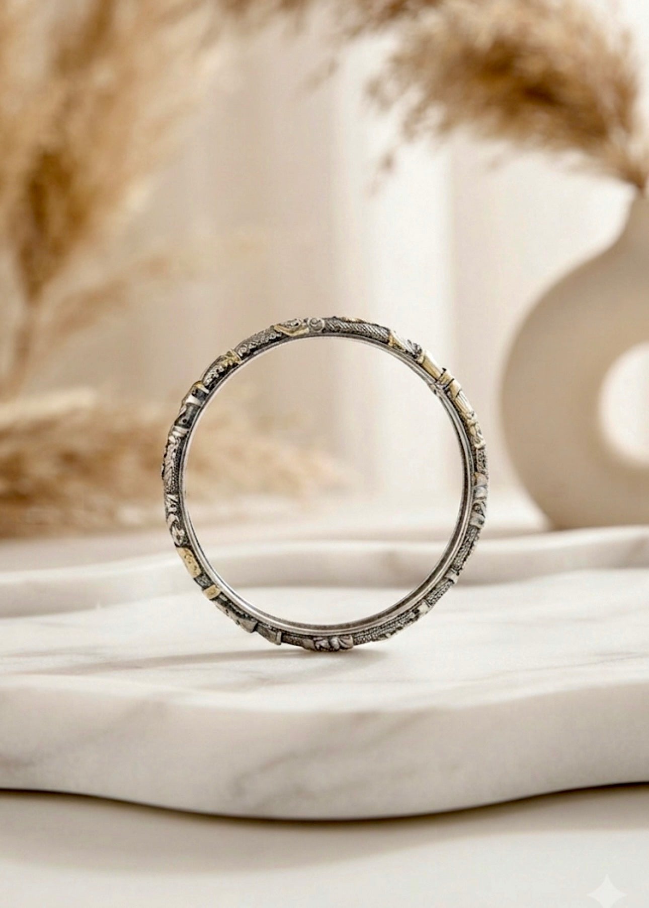 Oxidized Silver Floral Openable Kada
