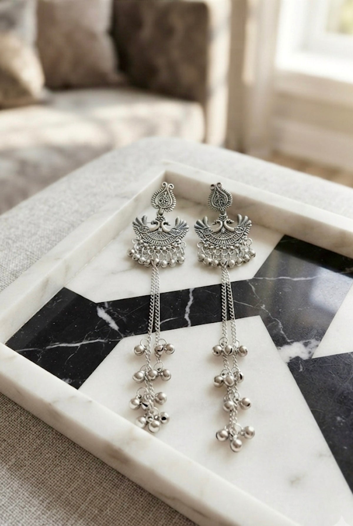 Oxidized Silver Peacock Motif Kashmiri Earrings