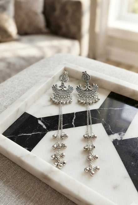 Oxidized Silver Peacock Motif Kashmiri Earrings
