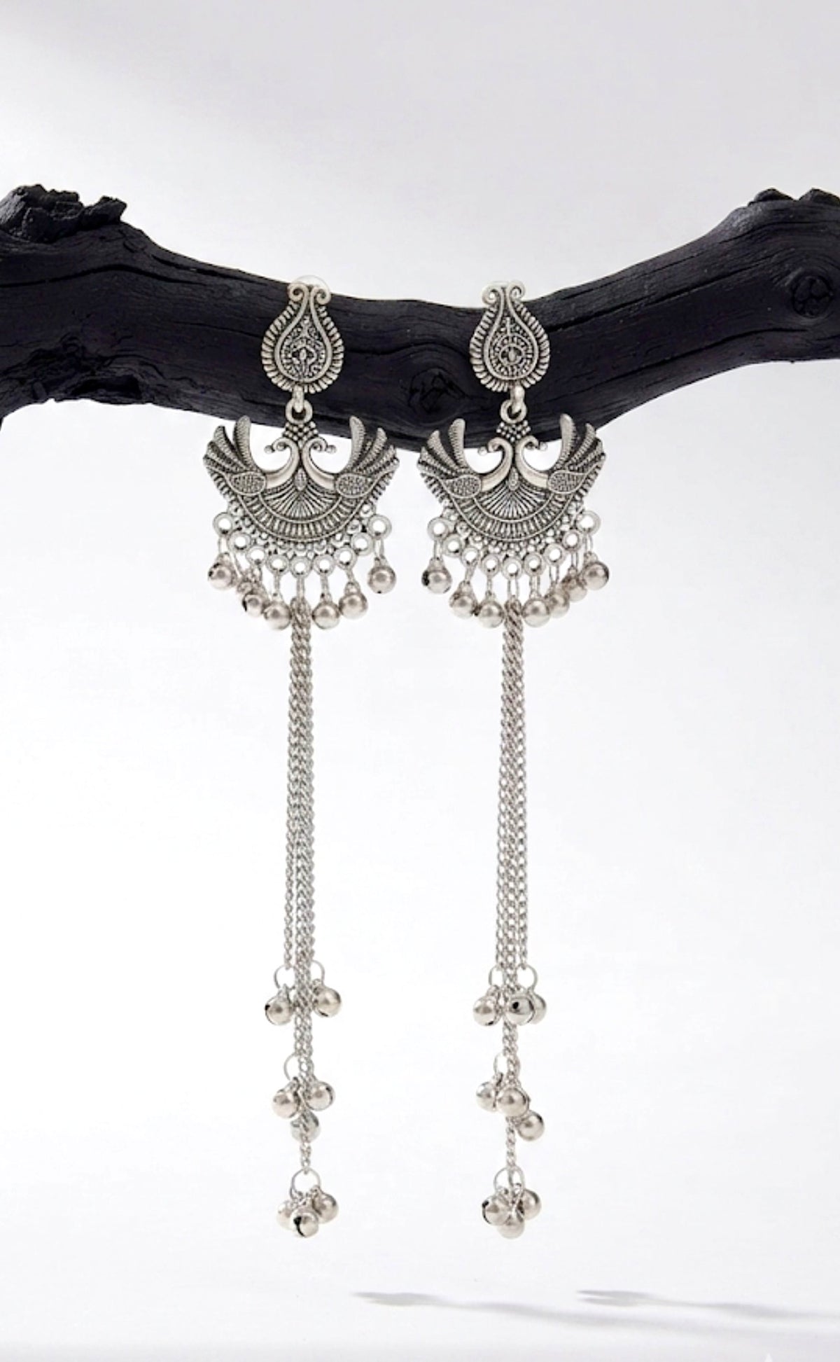 Oxidized Silver Peacock Motif Kashmiri Earrings