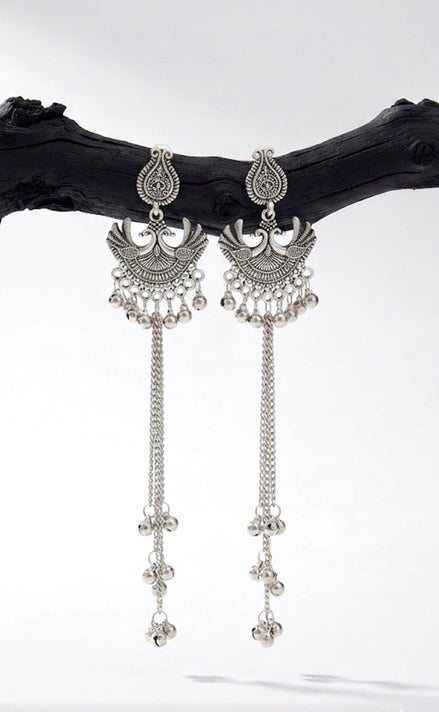 Oxidized Silver Peacock Motif Kashmiri Earrings