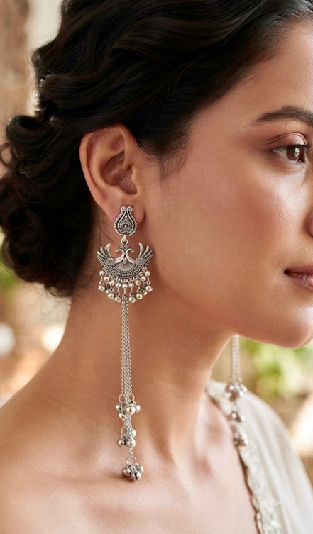 Oxidized Silver Peacock Motif Kashmiri Earrings