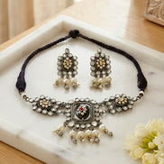 Oxidised Silver Kundan and Pearl Choker Necklace Set with Matching Studs