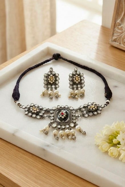 Oxidised Silver Kundan and Pearl Choker Necklace Set with Matching Studs