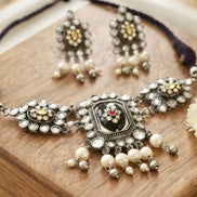 Oxidised Silver Kundan and Pearl Choker Necklace Set with Matching Studs