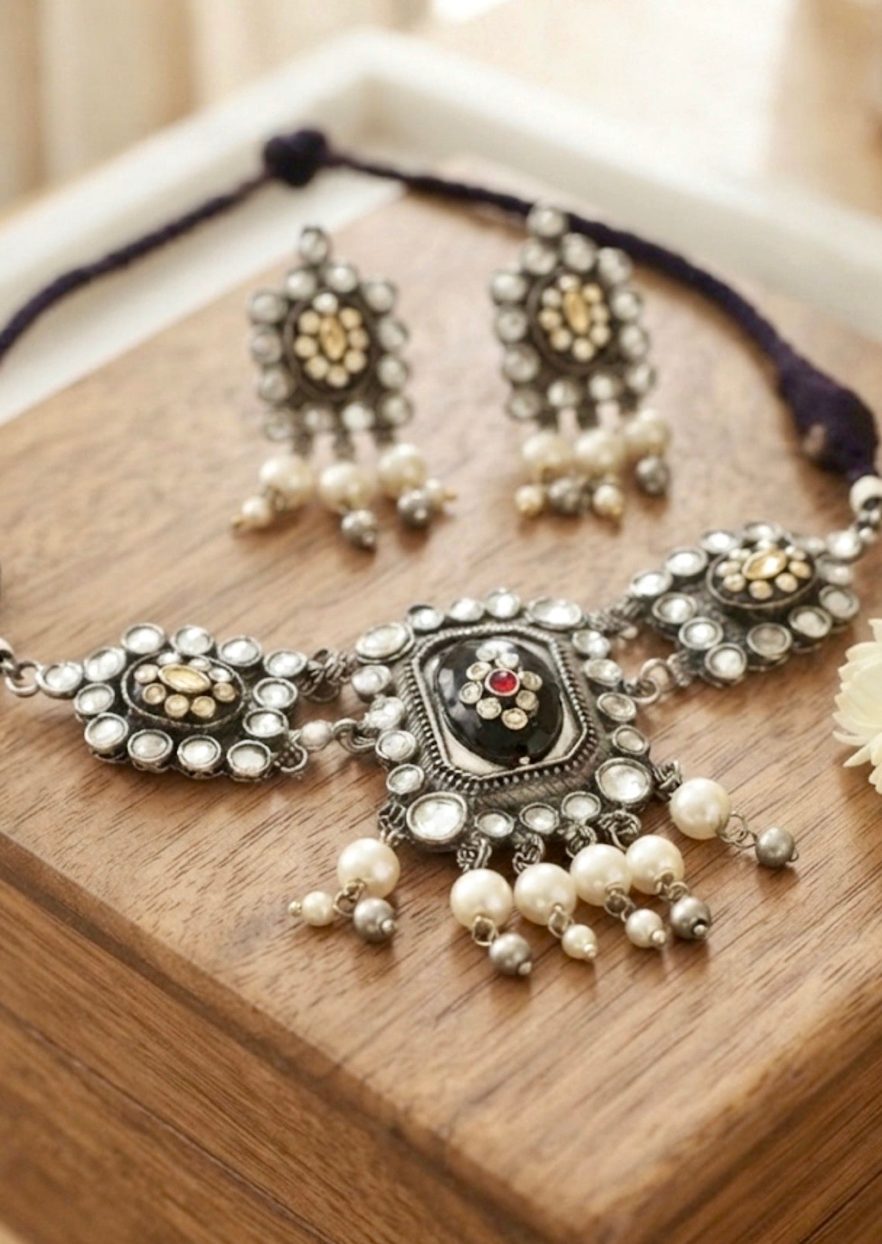 Oxidised Silver Kundan and Pearl Choker Necklace Set with Matching Studs