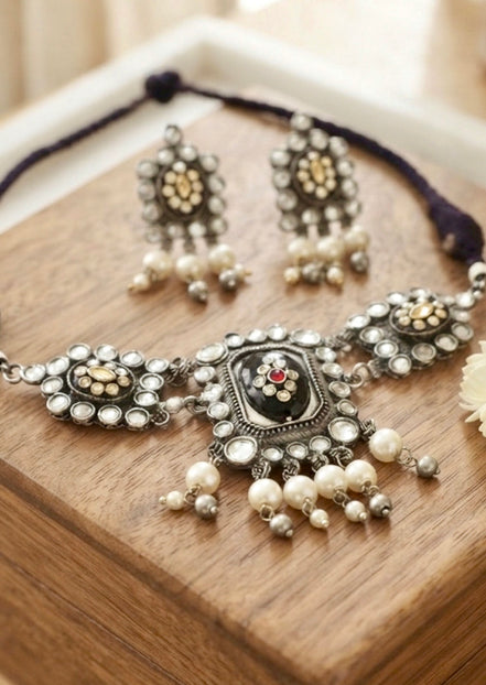 Oxidised Silver Kundan and Pearl Choker Necklace Set with Matching Studs