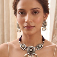 Oxidised Silver Kundan and Pearl Choker Necklace Set with Matching Studs