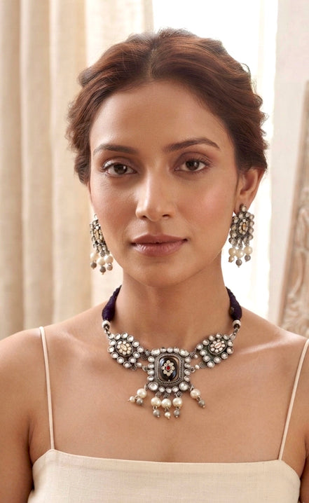 Oxidised Silver Kundan and Pearl Choker Necklace Set with Matching Studs