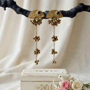 Antique Gold Fan-Shaped Kashmiri Ghungroo Long Dangler Earrings