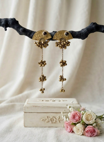 Antique Gold Fan-Shaped Kashmiri Ghungroo Long Dangler Earrings