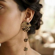 Antique Gold Fan-Shaped Kashmiri Ghungroo Long Dangler Earrings