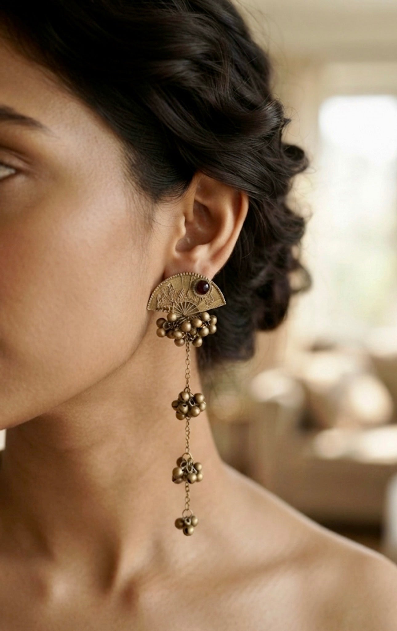Antique Gold Fan-Shaped Kashmiri Ghungroo Long Dangler Earrings