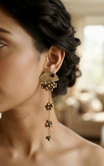 Antique Gold Fan-Shaped Kashmiri Ghungroo Long Dangler Earrings