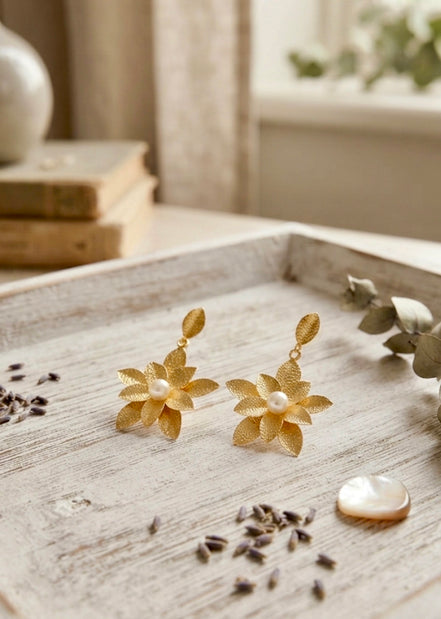 Petal Pearl Drop Stud Earrings
