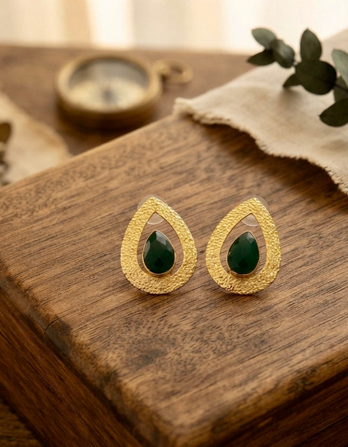 Brass Handcrafted Teardrop Green Gemstone