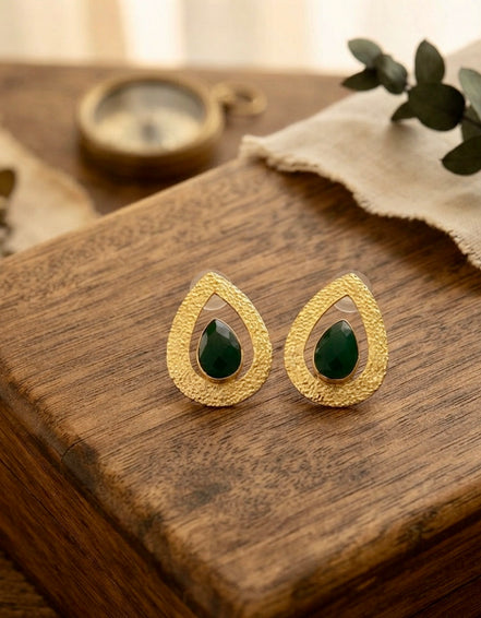 Brass Handcrafted Teardrop Green Gemstone