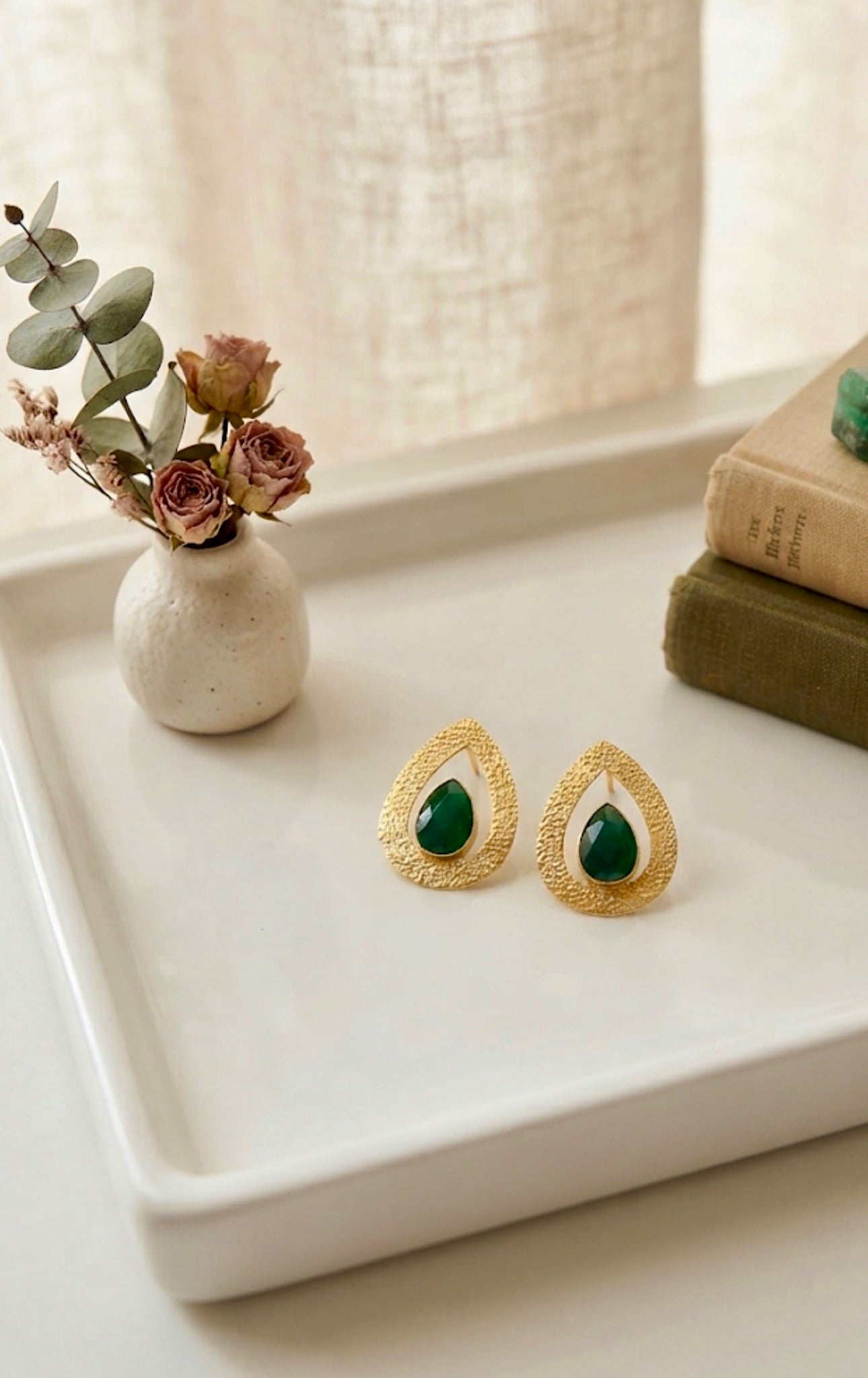 Brass Handcrafted Teardrop Green Gemstone