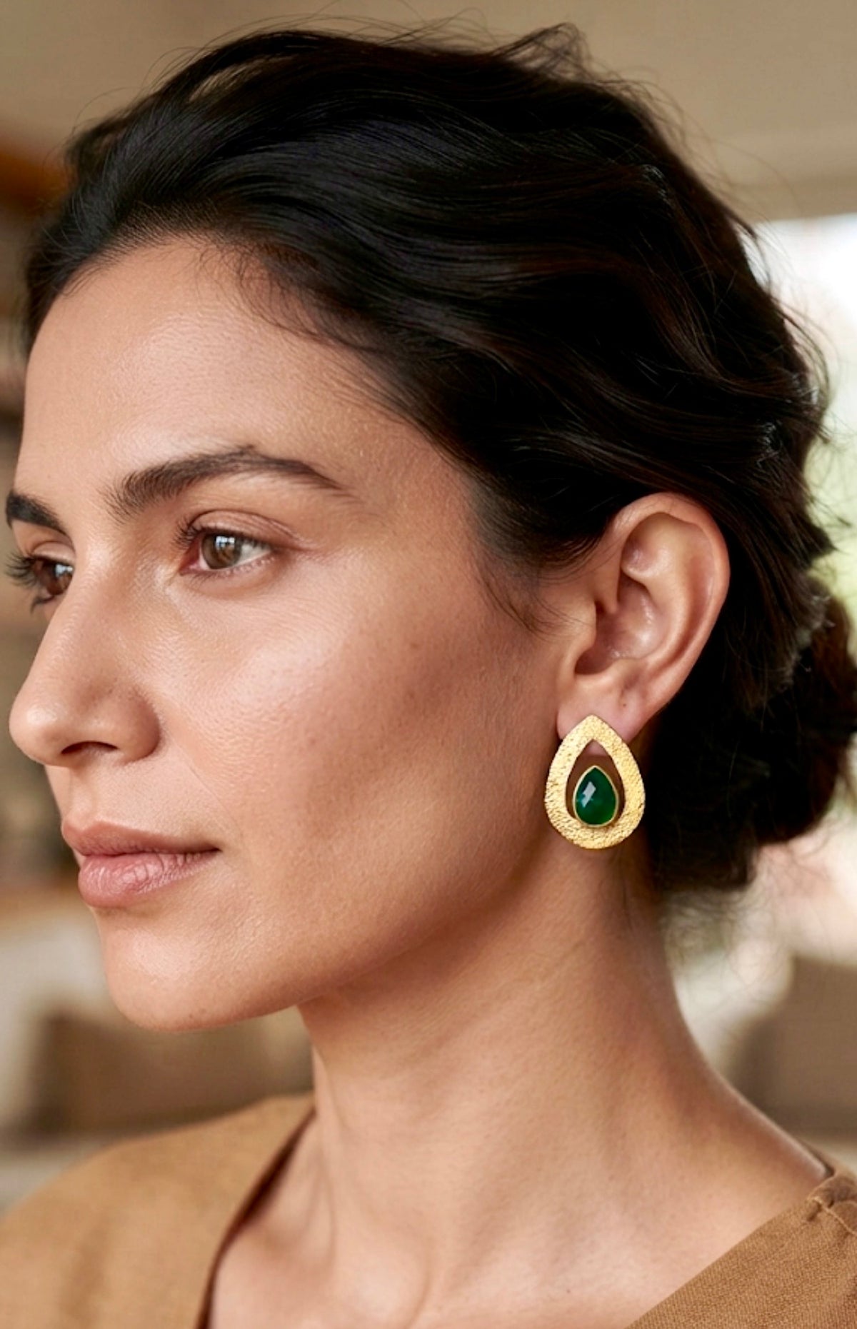 Brass Handcrafted Teardrop Green Gemstone