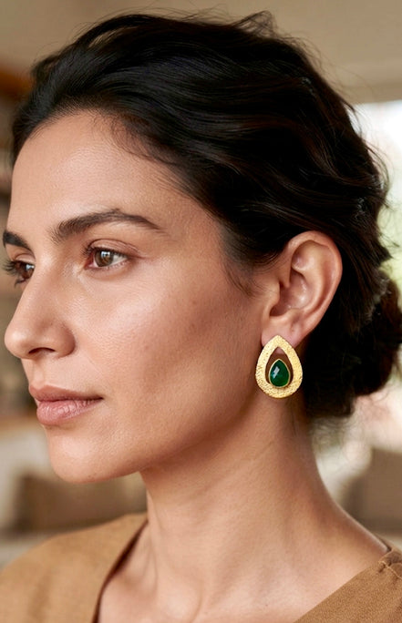 Brass Handcrafted Teardrop Green Gemstone