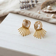 Sunburst Baroque Pearl Brass Statement Earrings