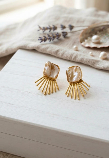 Sunburst Baroque Pearl Brass Statement Earrings