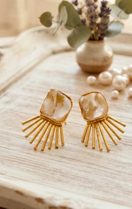 Sunburst Baroque Pearl Brass Statement Earrings
