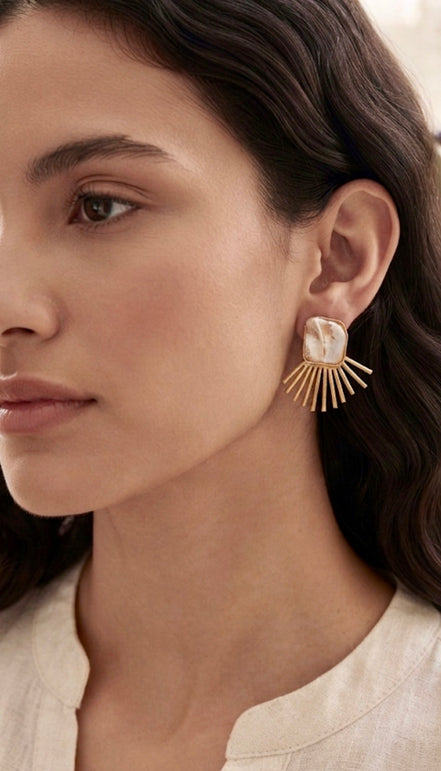 Sunburst Baroque Pearl Brass Statement Earrings
