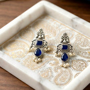 Oxidised Silver Blue Stone Pearl Drop