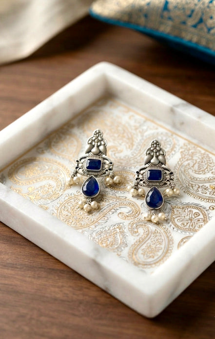 Oxidised Silver Blue Stone Pearl Drop