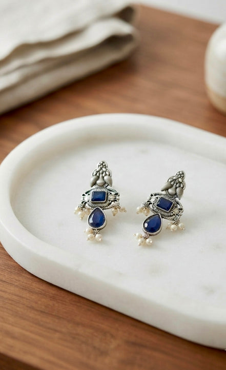 Oxidised Silver Blue Stone Pearl Drop