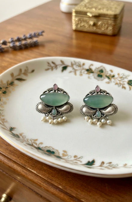 Monalisa Stone Oxidised Silver Pastel Stud Earrings.