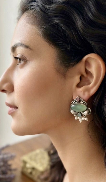 Monalisa Stone Oxidised Silver Pastel Stud Earrings.