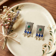 Dual-Tone Stone Square Oxidised Silver Drop Earrings.