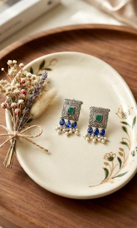Dual-Tone Stone Square Oxidised Silver Drop Earrings.