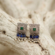Dual-Tone Stone Square Oxidised Silver Drop Earrings.