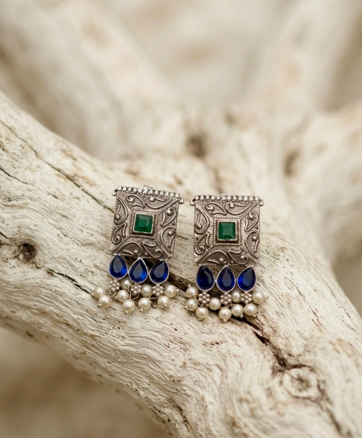Dual-Tone Stone Square Oxidised Silver Drop Earrings.