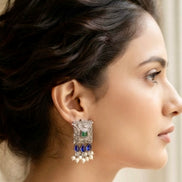 Dual-Tone Stone Square Oxidised Silver Drop Earrings.