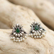 Dual Bird Green Stone Oxidised Silver Chandbali Stud Earrings.