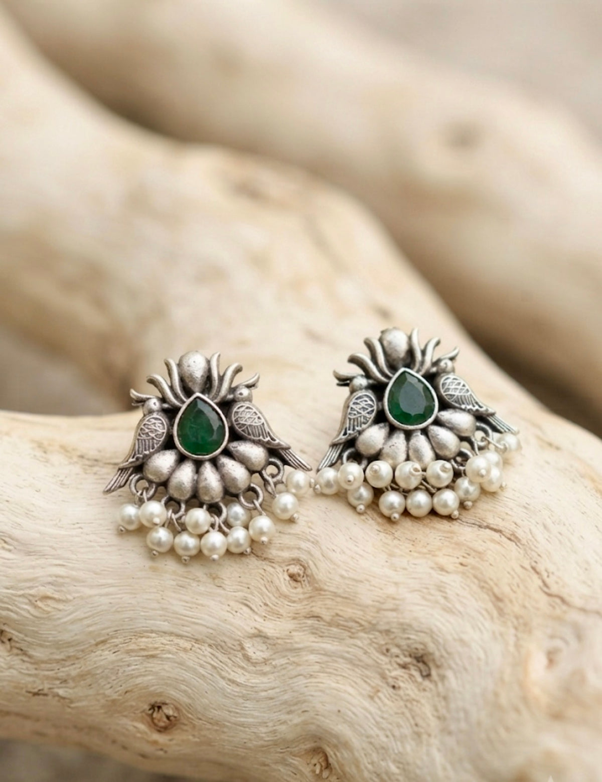 Dual Bird Green Stone Oxidised Silver Chandbali Stud Earrings.