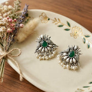 Dual Bird Green Stone Oxidised Silver Chandbali Stud Earrings.