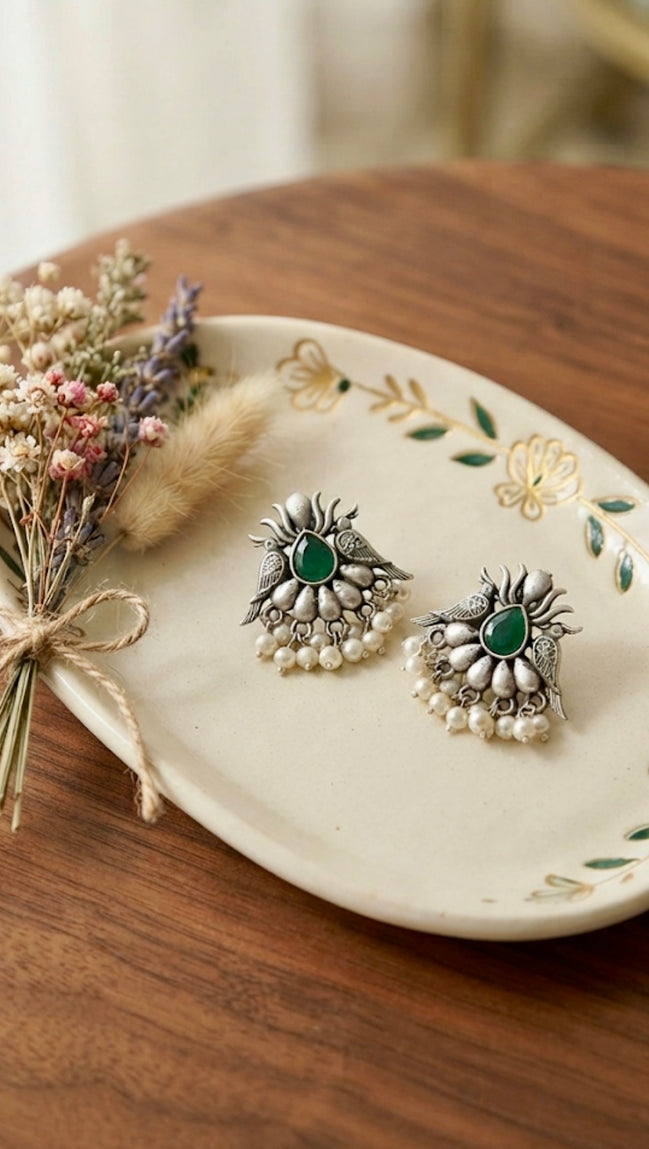 Dual Bird Green Stone Oxidised Silver Chandbali Stud Earrings.