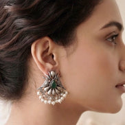 Dual Bird Green Stone Oxidised Silver Chandbali Stud Earrings.