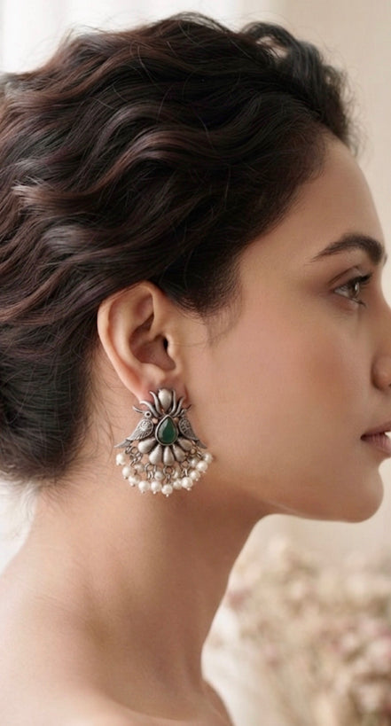 Dual Bird Green Stone Oxidised Silver Chandbali Stud Earrings.
